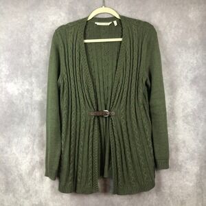 Soft Surroundings Wren Cable Knit Cardigan Sweater Small Green Wool Cotton Blend